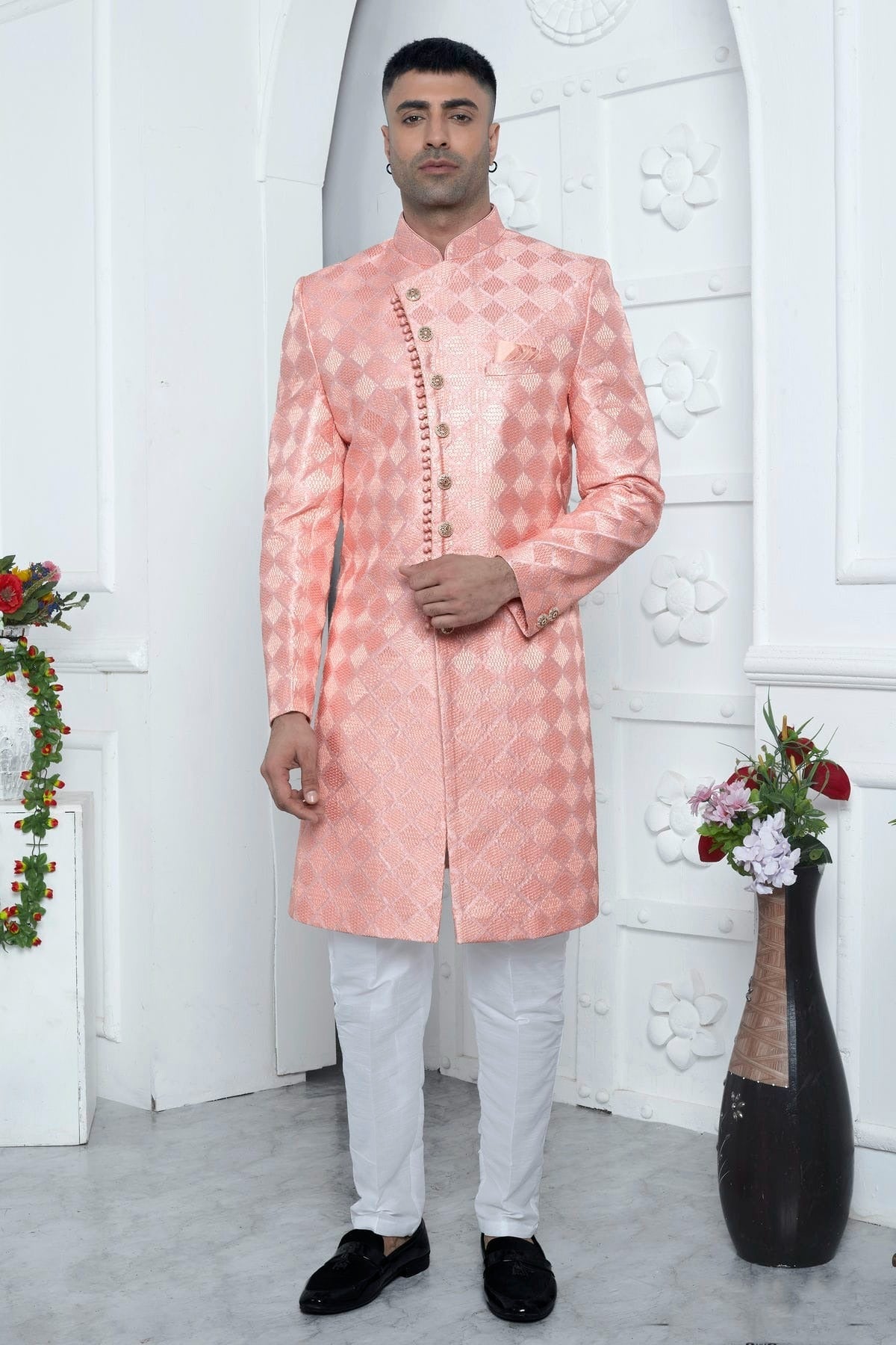 Peach Art Silk Sherwan With Aligadhi Pant  NCSH12310304