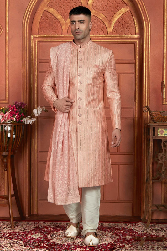 Peach Art Silk Sherwan With Churidar Pant  NCSH12310323