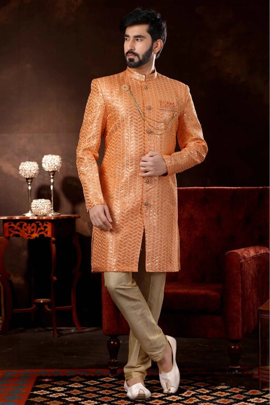 Peach Art Silk Sherwani NCSH10410458