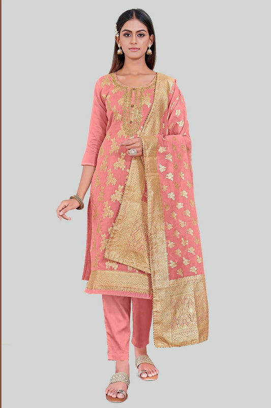Peach Chanderi Silk Pant Style Suit NCSM11112396
