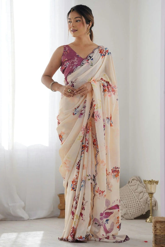 Peach Chinon Printed Saree NCSD11111549