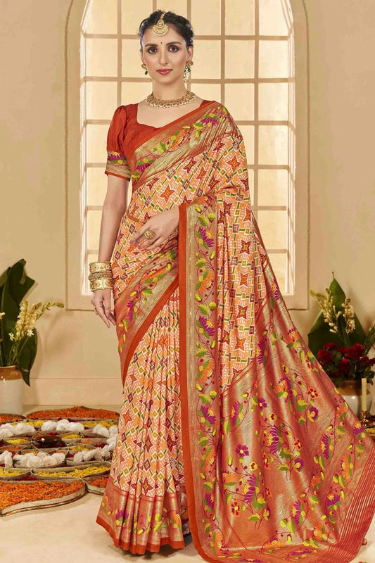 Peach Cotton Silk Ikkat Printed Traditional Saree NCSD11110410