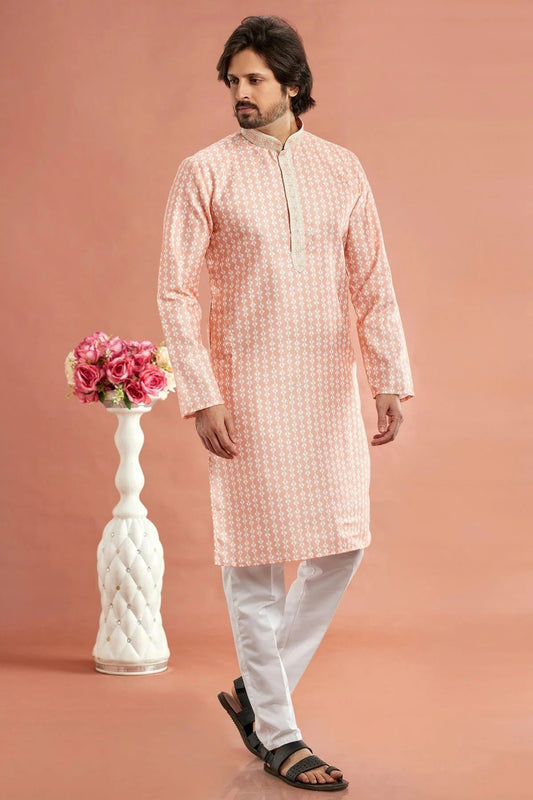 Peach Cotton Thread Kurta Pajama NCKP12310205