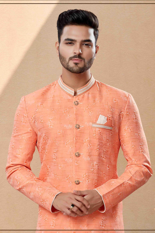 Peach Dhoti SherwaniIn Banarasi Jacquard  NCSH10410495