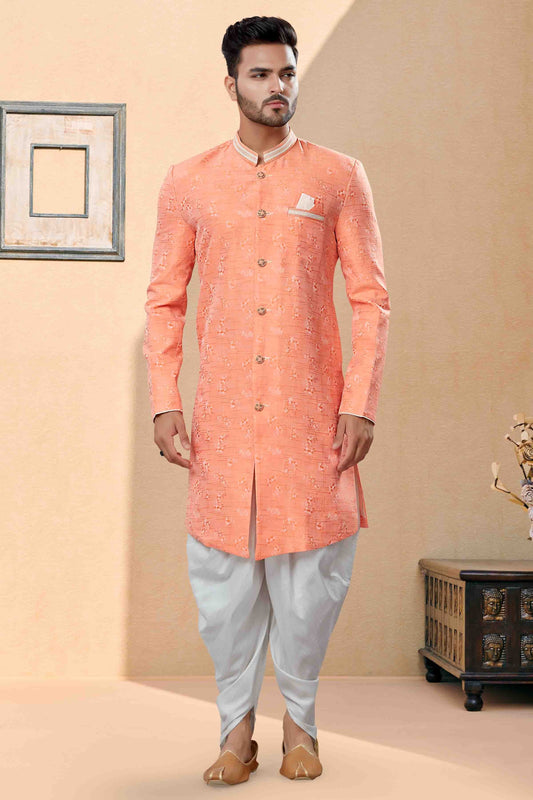 Peach Dhoti SherwaniIn Banarasi Jacquard NCSH10410495
