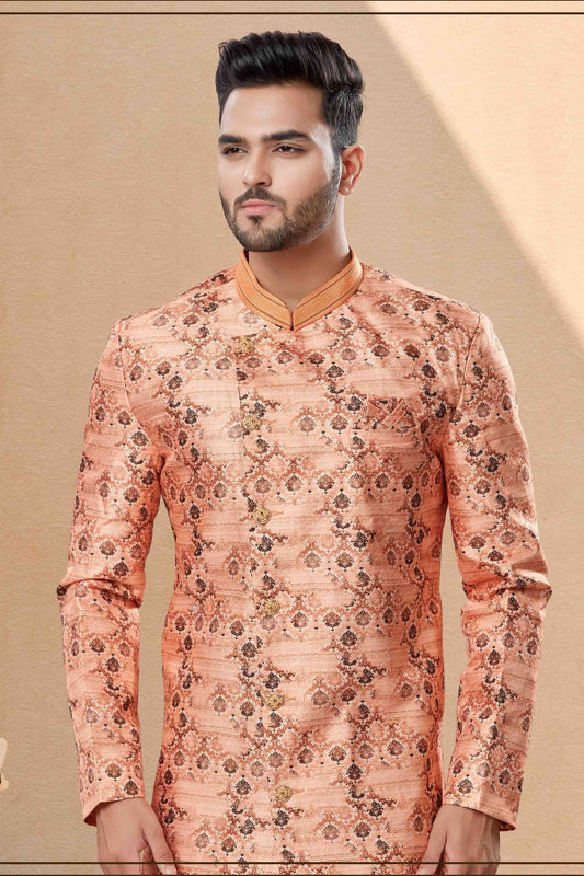 Peach Dhoti SherwaniIn Jacquard  NCSH10410492