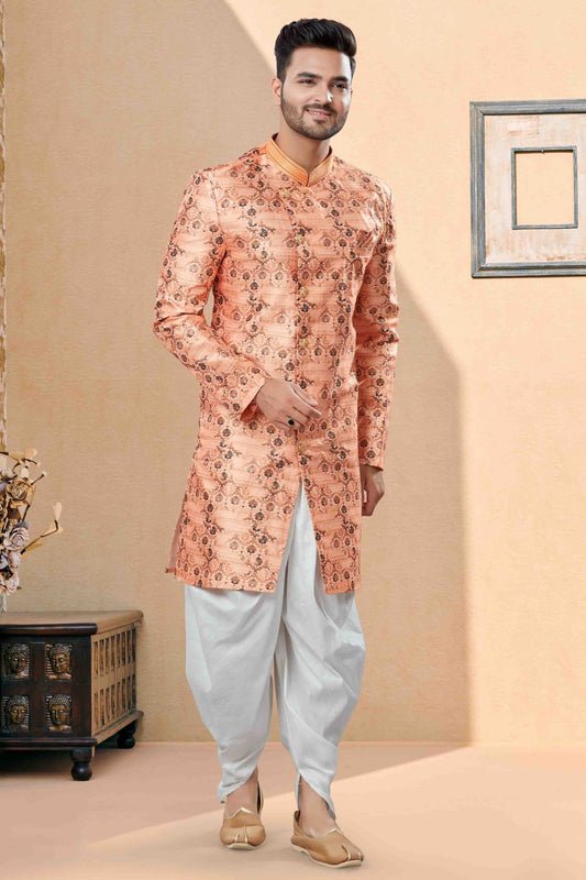 Peach Dhoti SherwaniIn Jacquard NCSH10410492