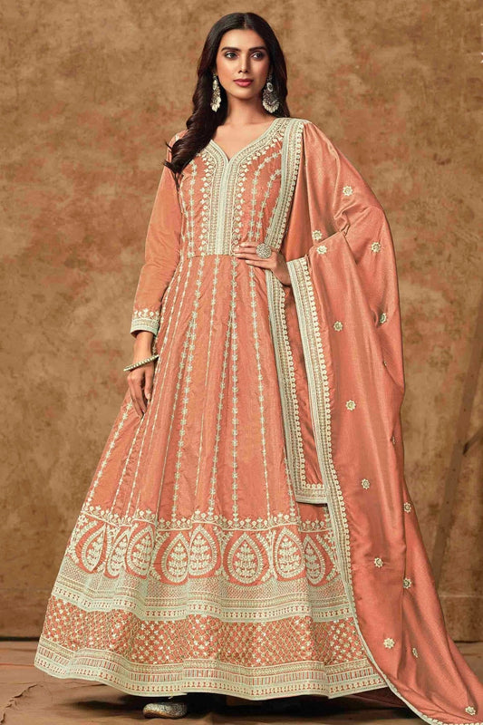 Peach Dola Silk Semi Stitched Anarkali Suit NCSM10510130