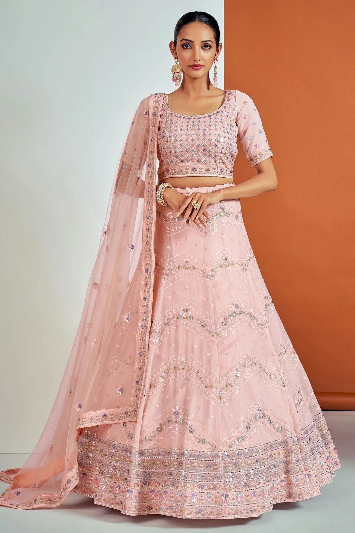Peach Embroidery Georgette Lehenga Choli NCLD10810352