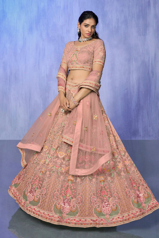 Peach Embroidery Net Lehenga Choli NCLD10810296
