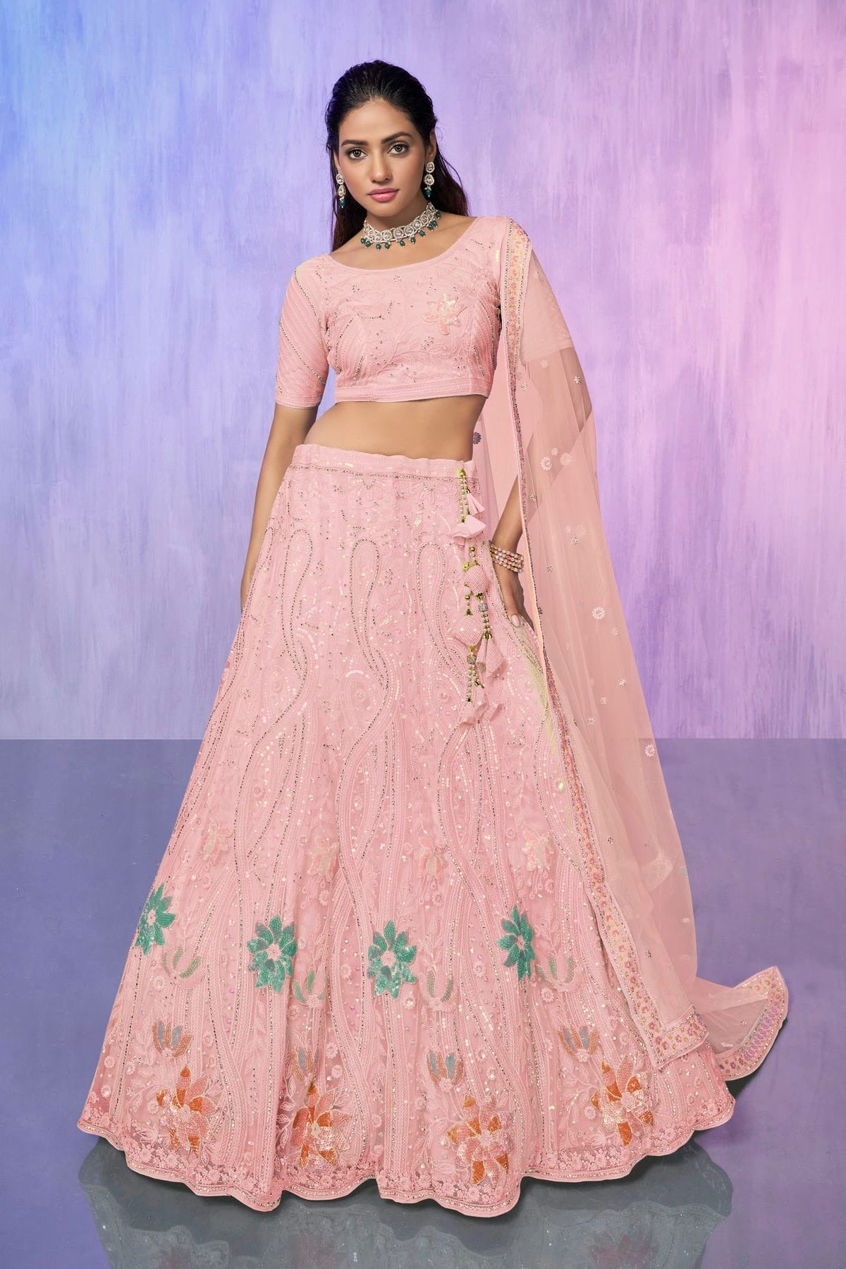 Peach Embroidery Net Lehenga Choli NCLD10810301