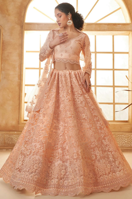 Peach Embroidery Net and SilK Lehenga Choli NCLC12910134