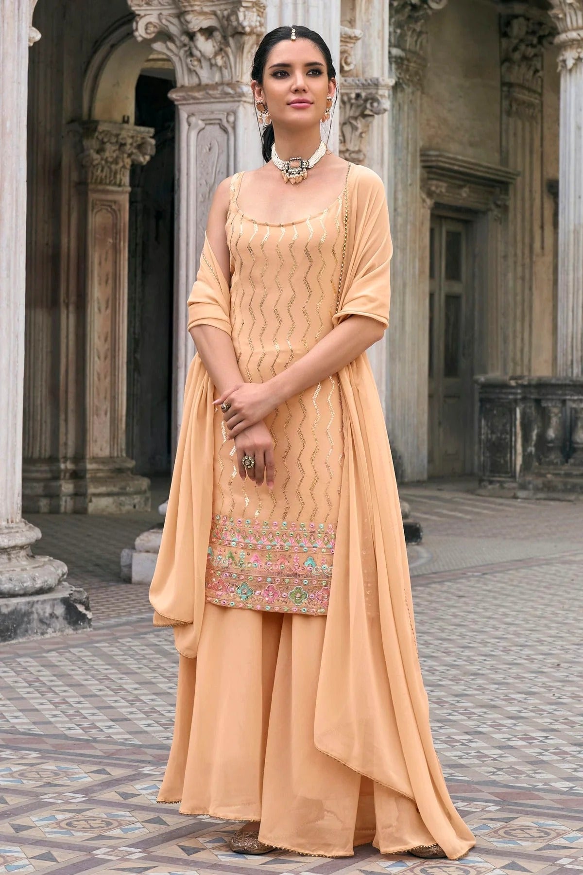 Peach Faux Georgette Sharara Suit NCSM11410569