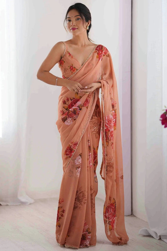 Peach Georgette Hand Printed Saree NCSD11110440
