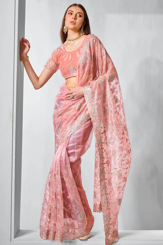 Peach Gold Tissue Net Designer Saree NCSD11111783
