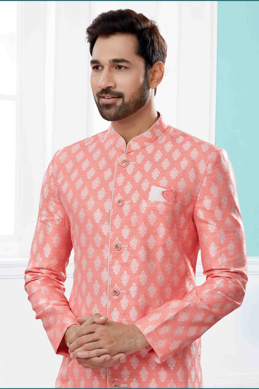Peach Indo Western In Banarasi Jacquard  NCSH10410542