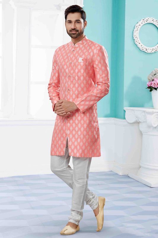 Peach Indo Western In Banarasi Jacquard NCSH10410542
