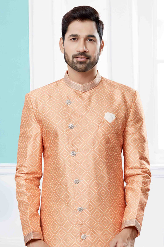 Peach Indo Western In Jacquard  NCSH10410537