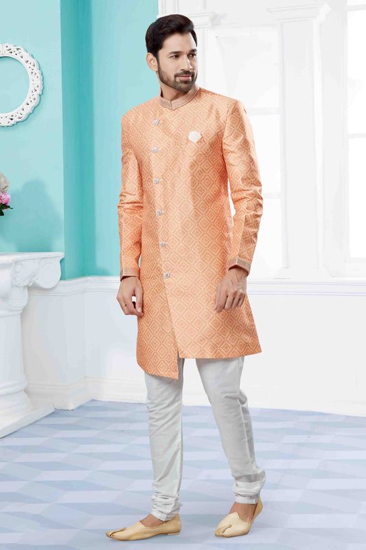 Peach Indo Western In Jacquard NCSH10410537