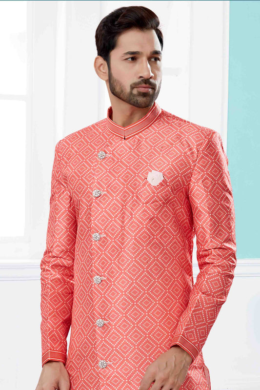 Peach Indo Western In Jacquard  NCSH10410540
