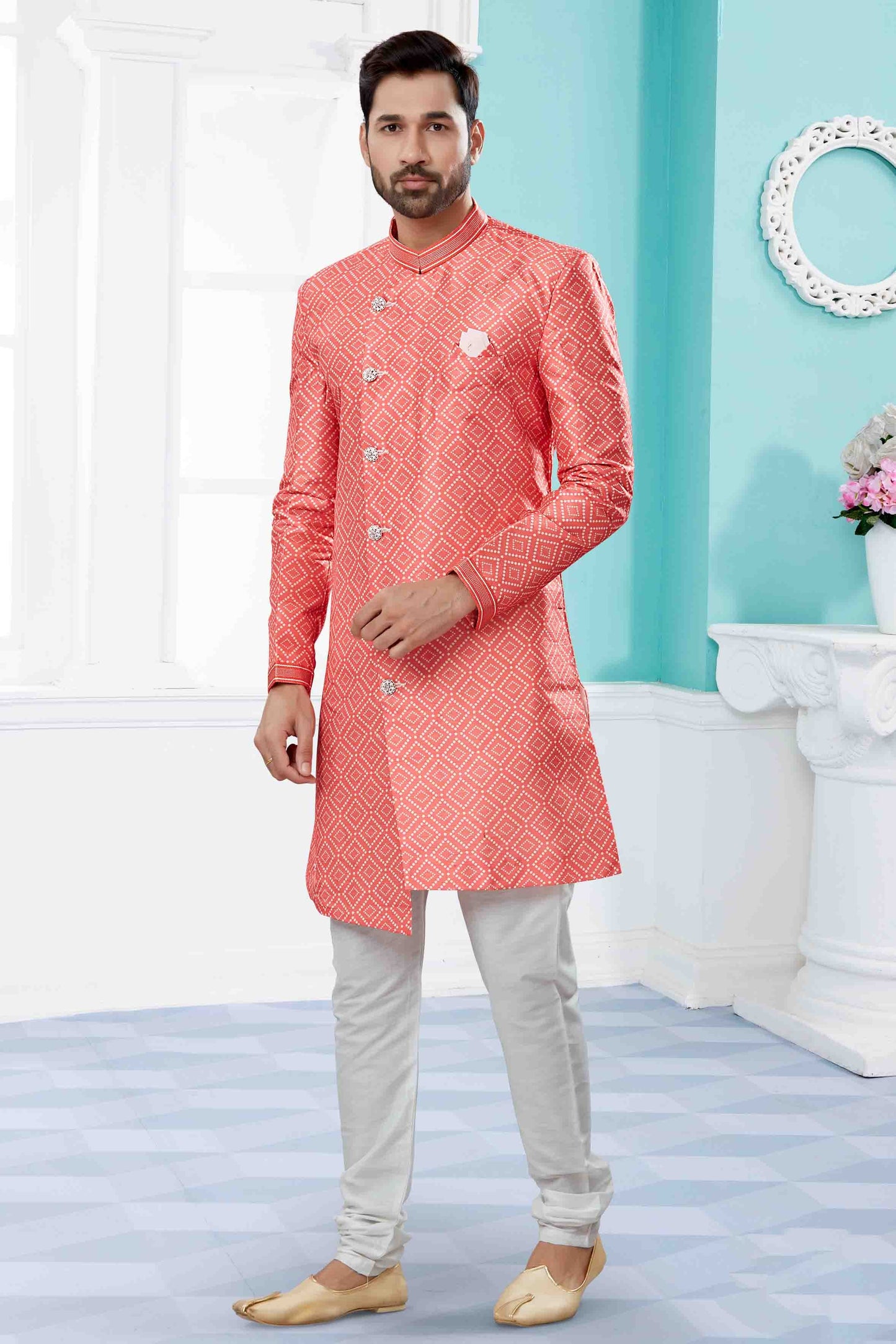 Peach Indo Western In Jacquard NCSH10410540