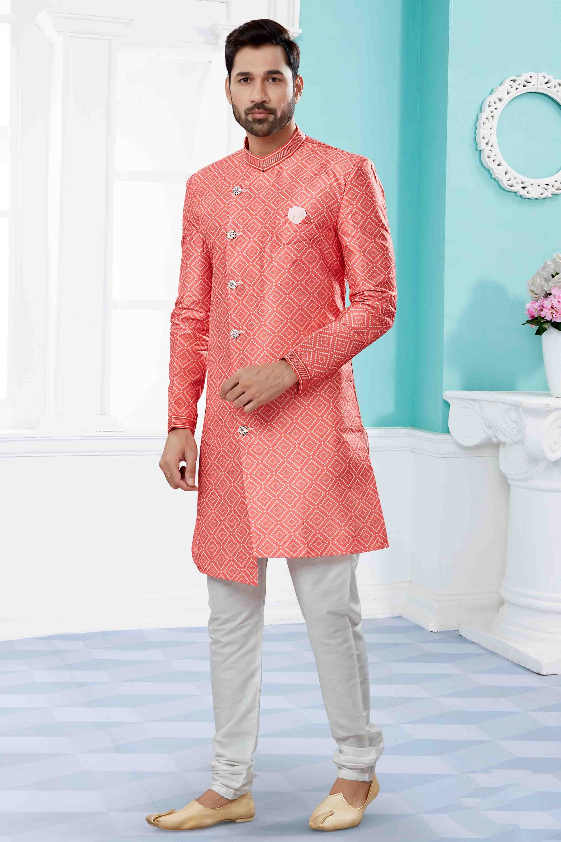 Peach Indo Western In Jacquard NCSH10410540