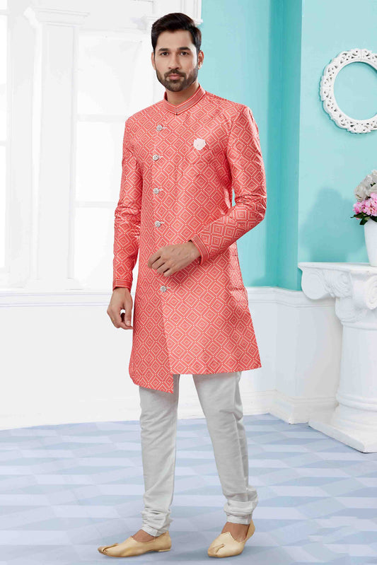 Peach Indo Western In Jacquard NCSH10410540