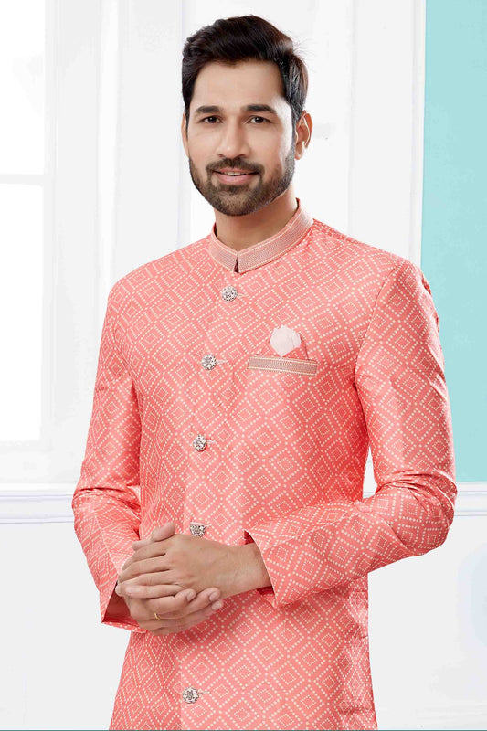 Peach Indo Western In Jacquard  NCSH10410546