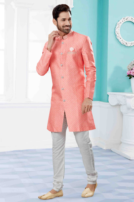 Peach Indo Western In Jacquard NCSH10410546