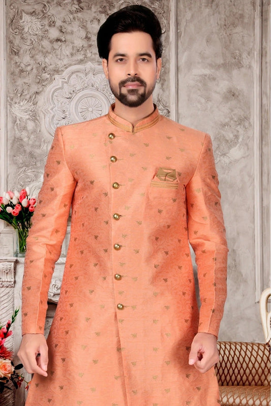 Peach Jacquard Dhoti Sherwani NCSH10410385