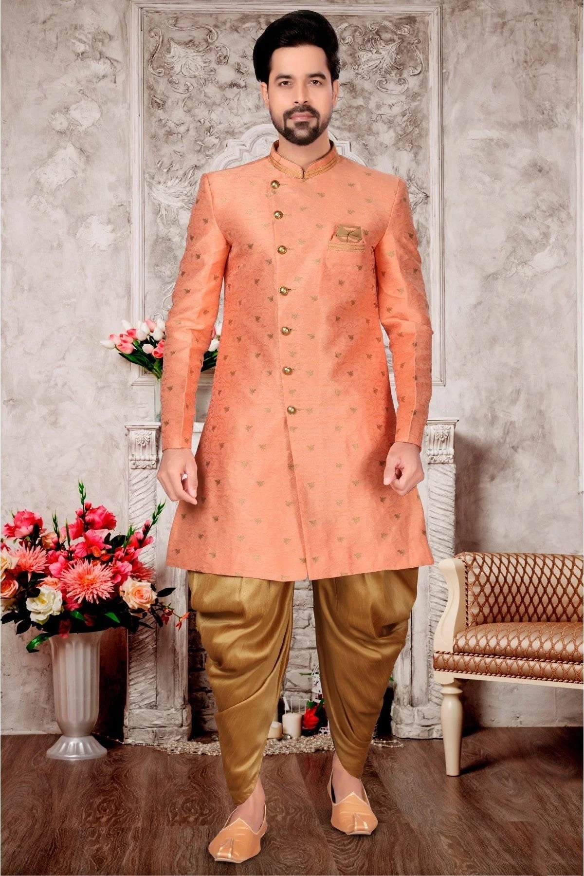 Peach Jacquard Dhoti Sherwani NCSH10410385