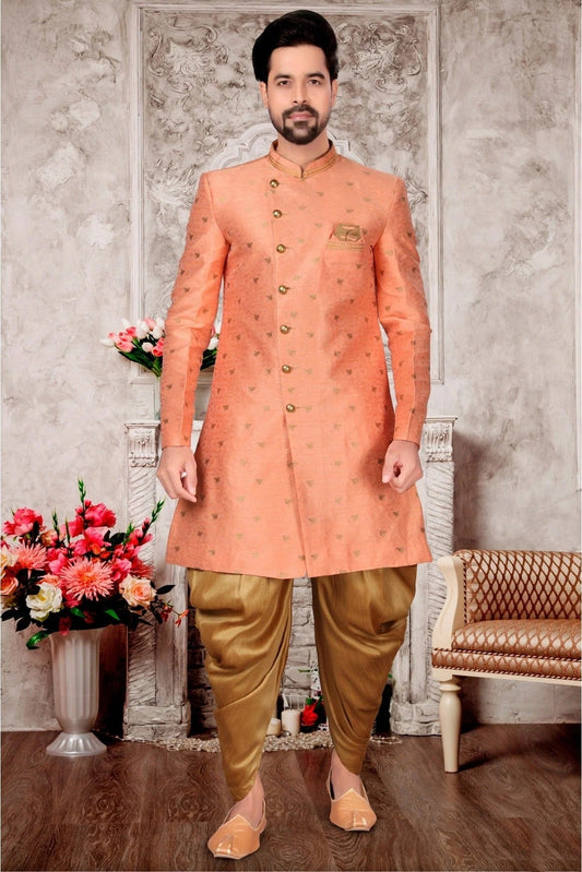 Peach Jacquard Dhoti Sherwani NCSH10410385