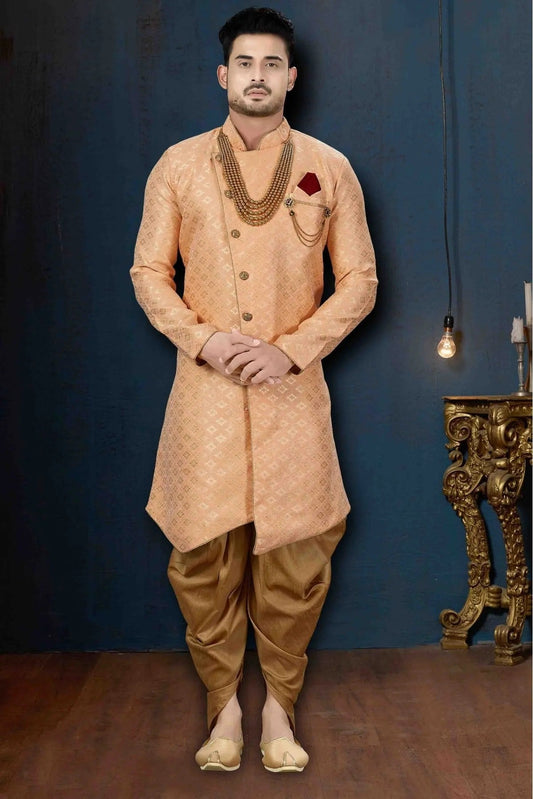 Peach Jacquard Party Wear Dhoti Sherwani NCSH10410331