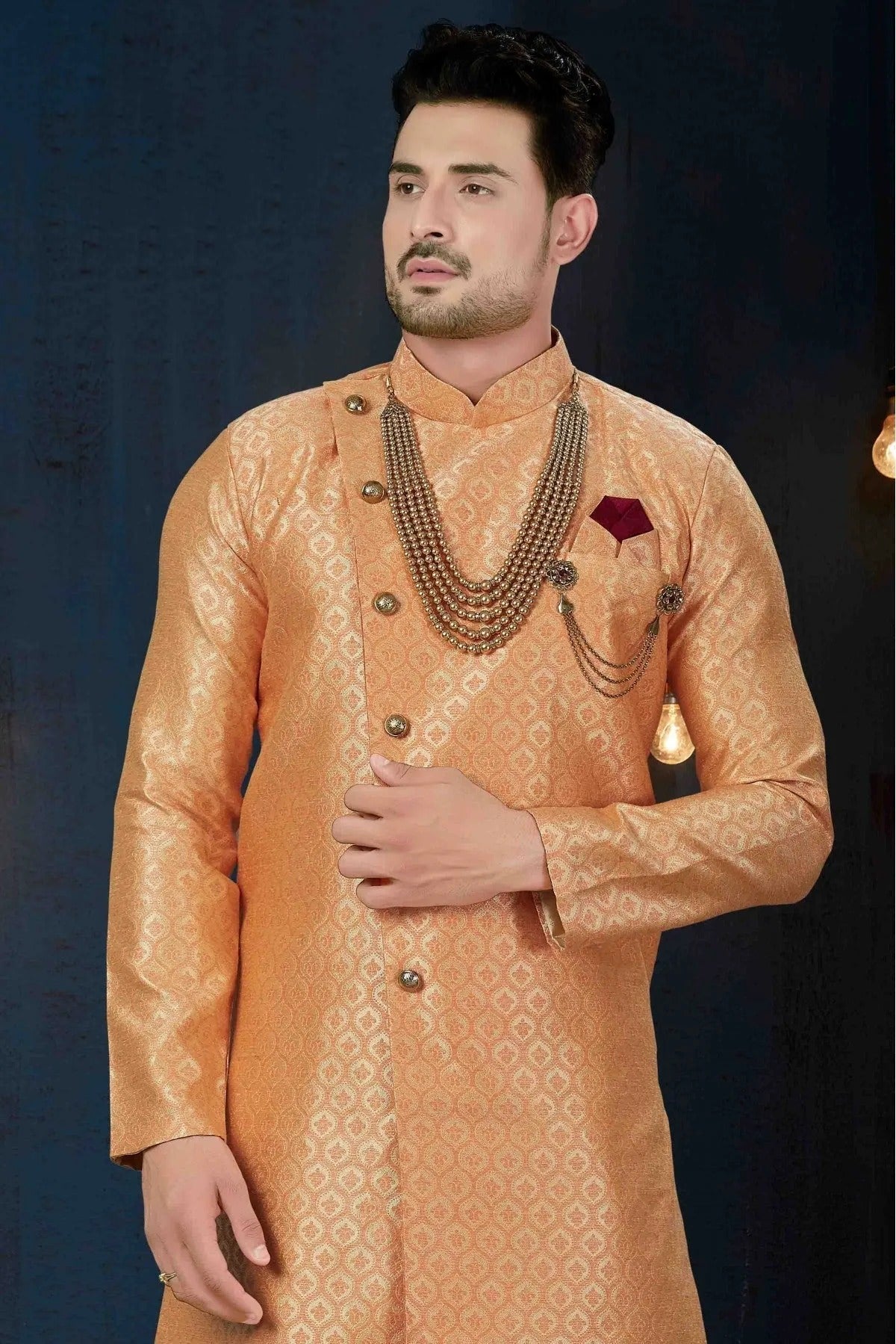 Peach Jacquard Party Wear Dhoti Sherwani NCSH10410332