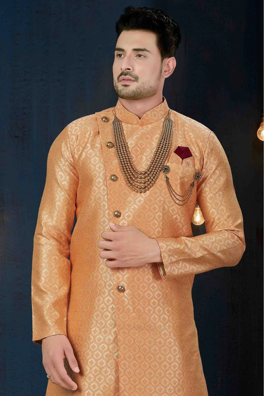 Peach Jacquard Party Wear Dhoti Sherwani NCSH10410332