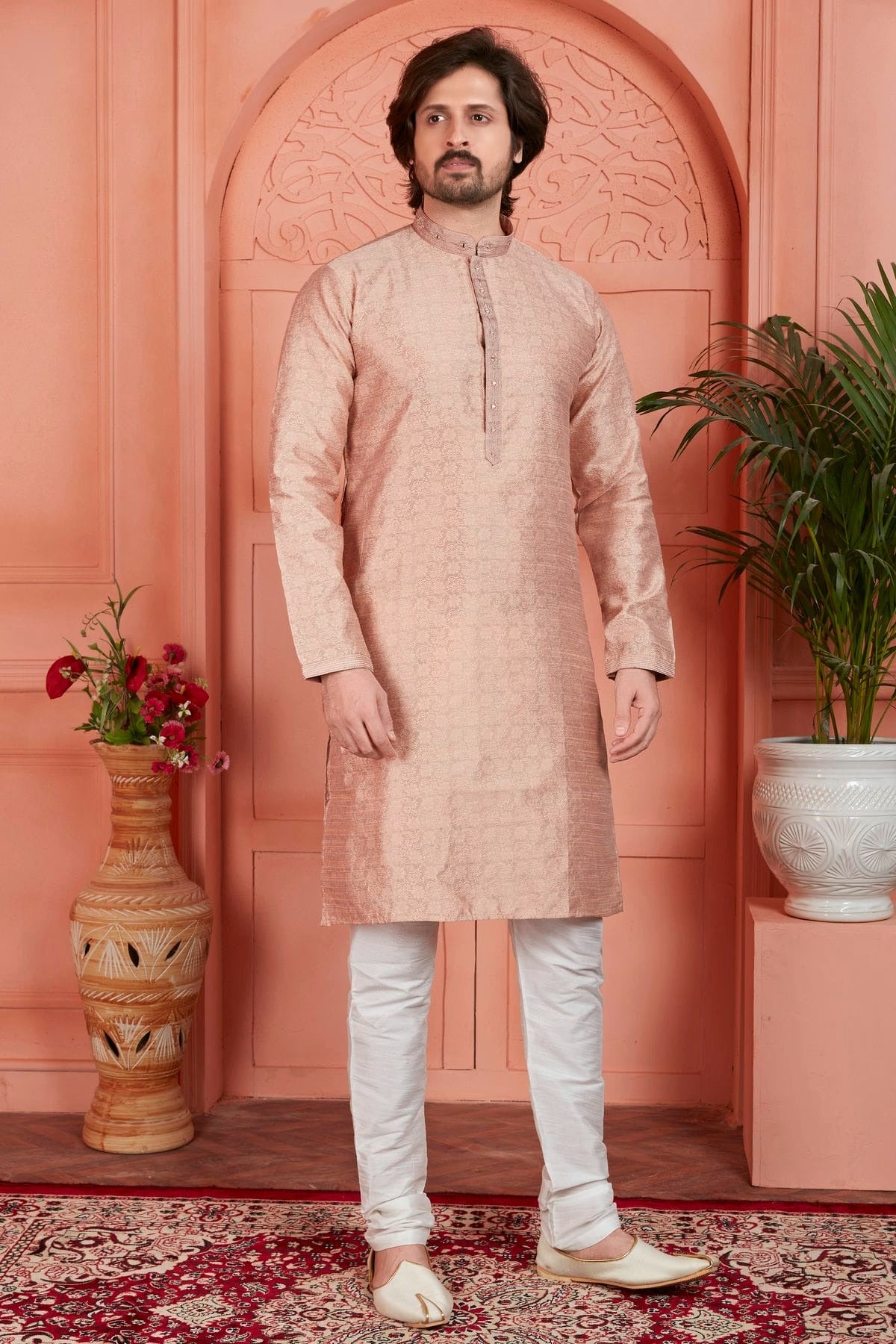 Peach Jacquard Silk Brocade Kurta Pajama NCKP12310144