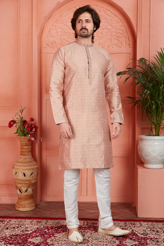 Peach Jacquard Silk Brocade Kurta Pajama NCKP12310144