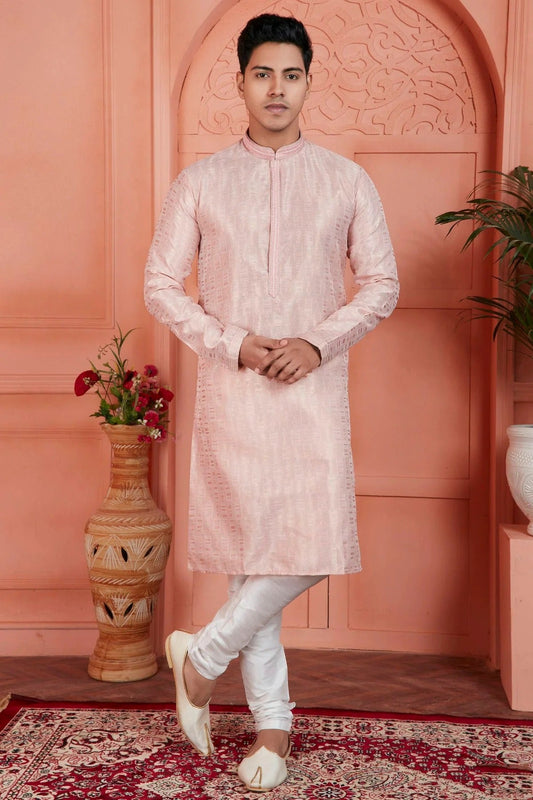 Peach Jacquard Silk Brocade Kurta Pajama NCKP12310147