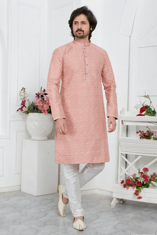 Peach Jacquard Silk Brocade Kurta Pajama NCKP12310163