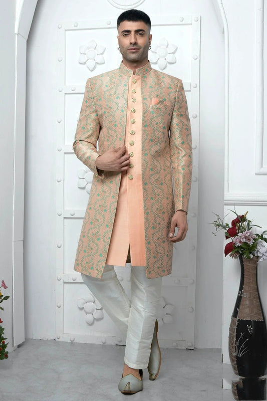 Peach Jacquard Silk Indowestern Sherwan With Aligadhi Pant  NCSH12310338
