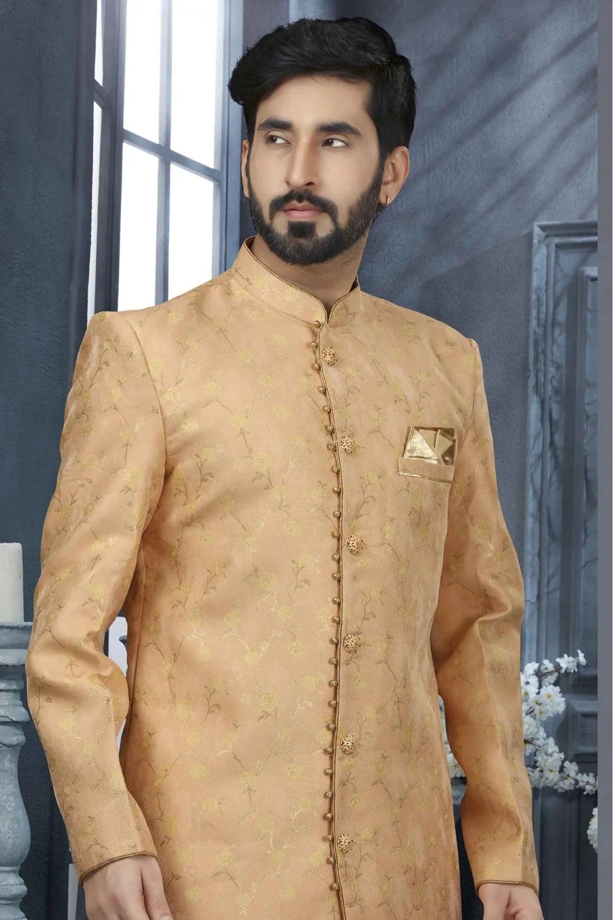 Peach Jacquard Zari Sherwani NCSH10410422