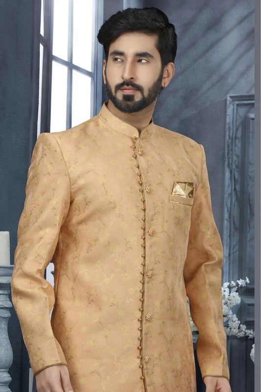 Peach Jacquard Zari Sherwani NCSH10410422