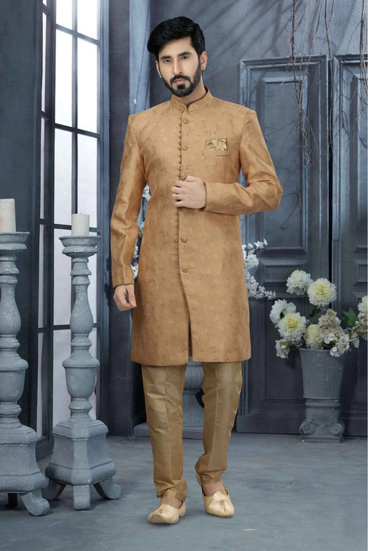 Peach Jacquard Zari Sherwani NCSH10410422