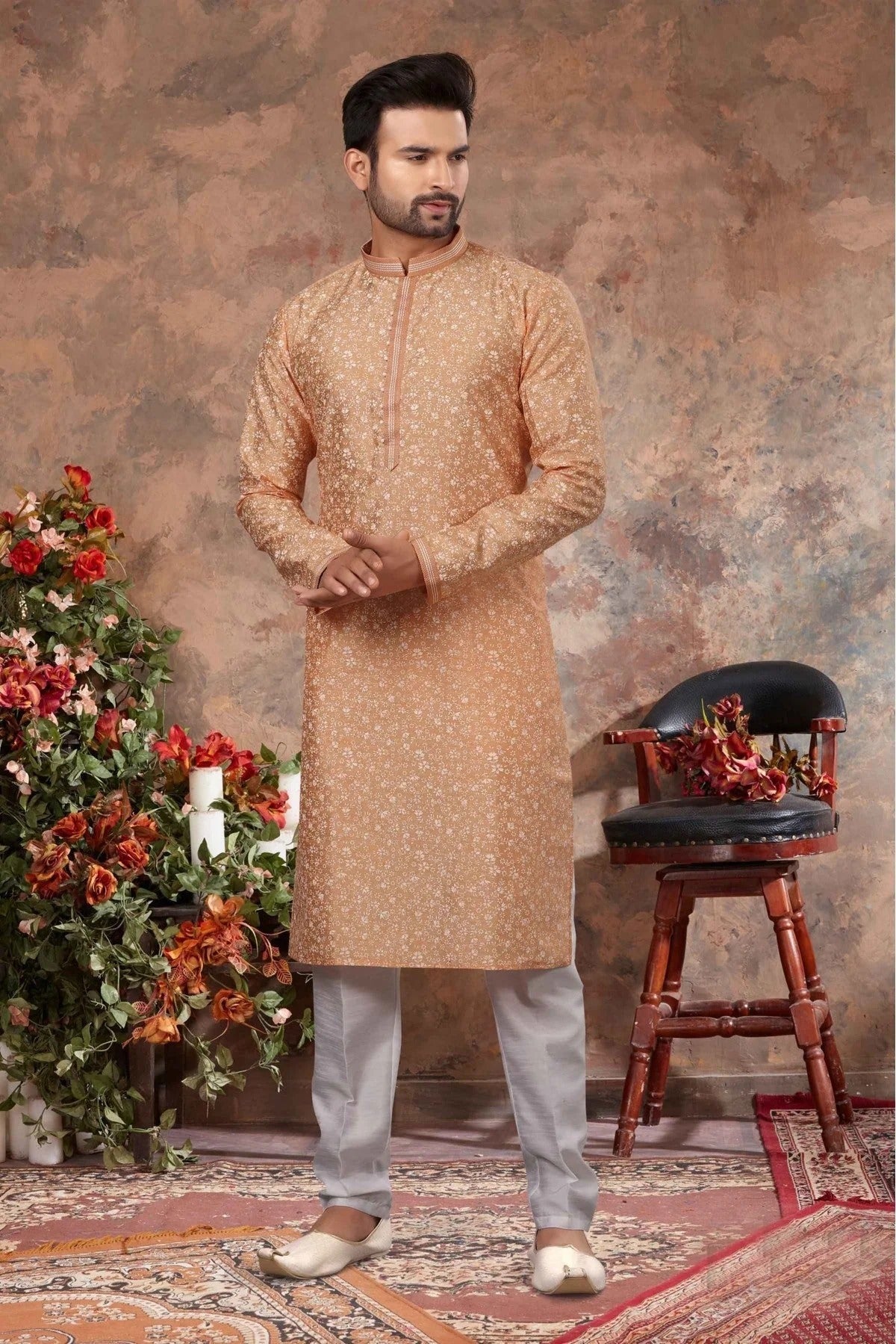 Peach Kurta Pajama In Silk NCKP10410664