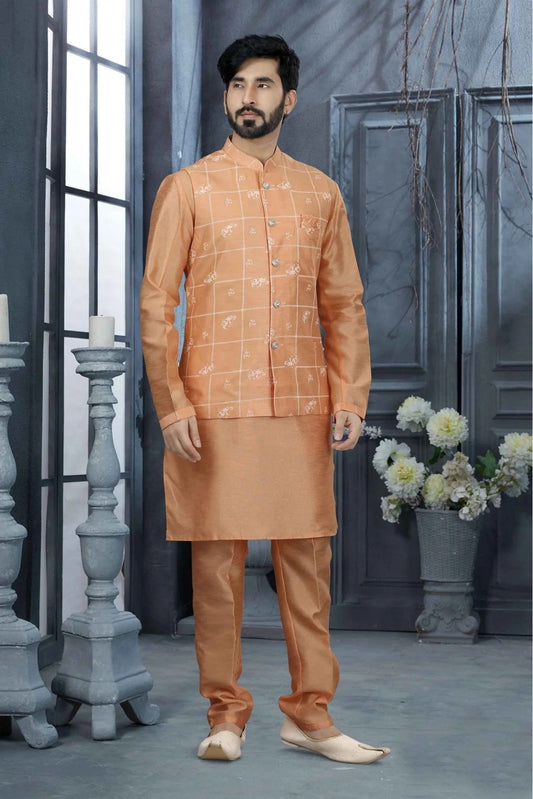 Peach Kurta PajamaWith Jacket In Silk Dupion NCKP10410735