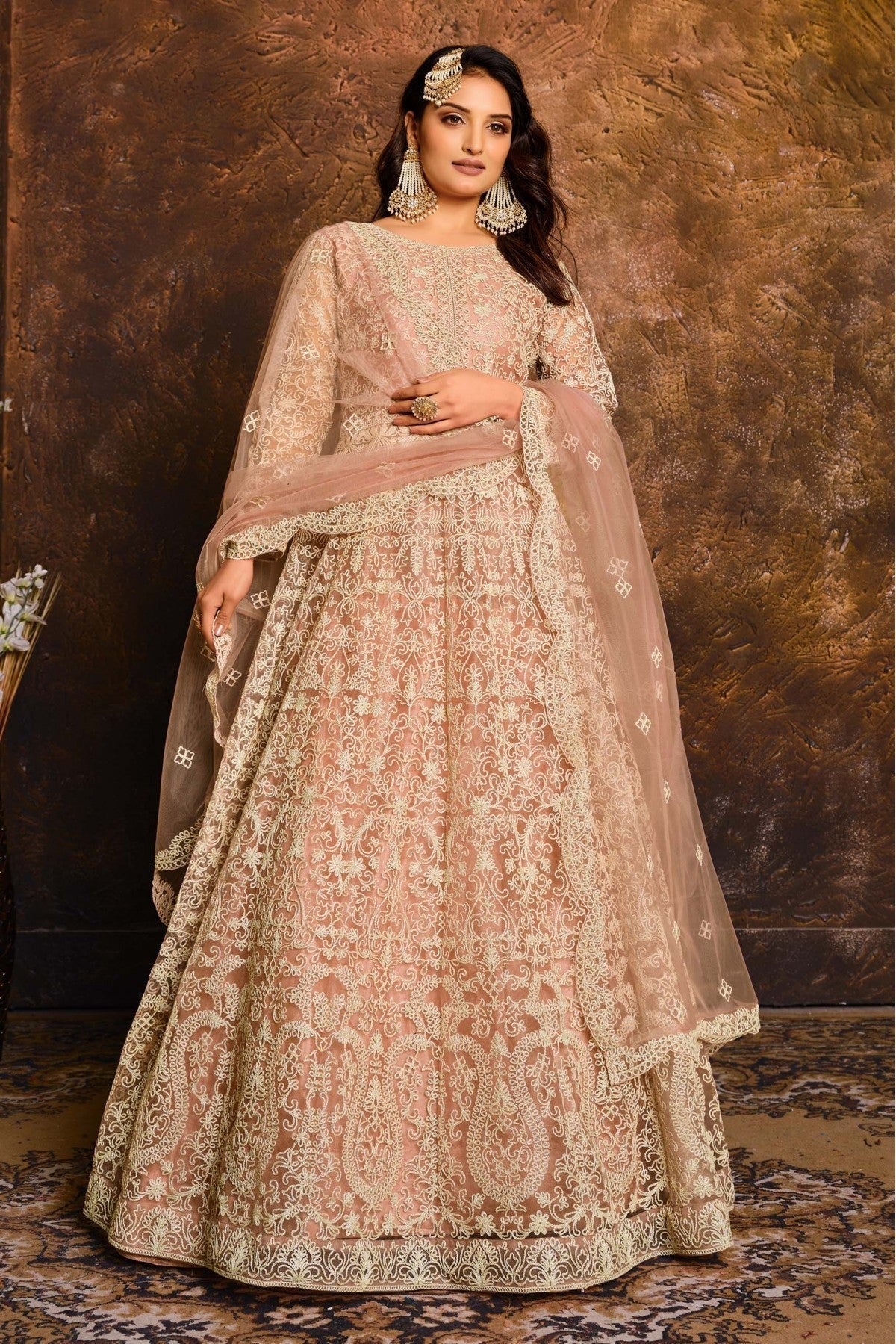 Peach Net Anarkali Suit NCSM10510327