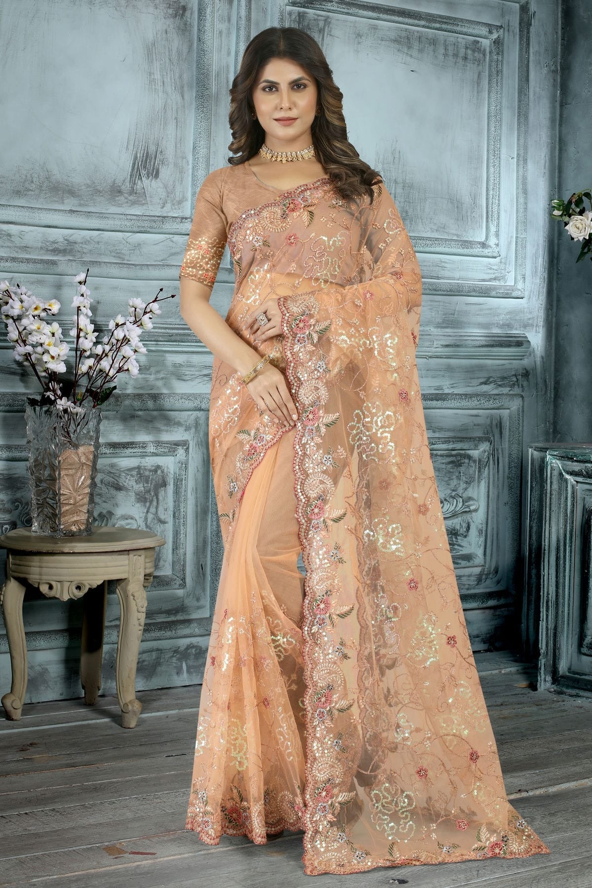 Peach Net Designer Saree NCLC11210415