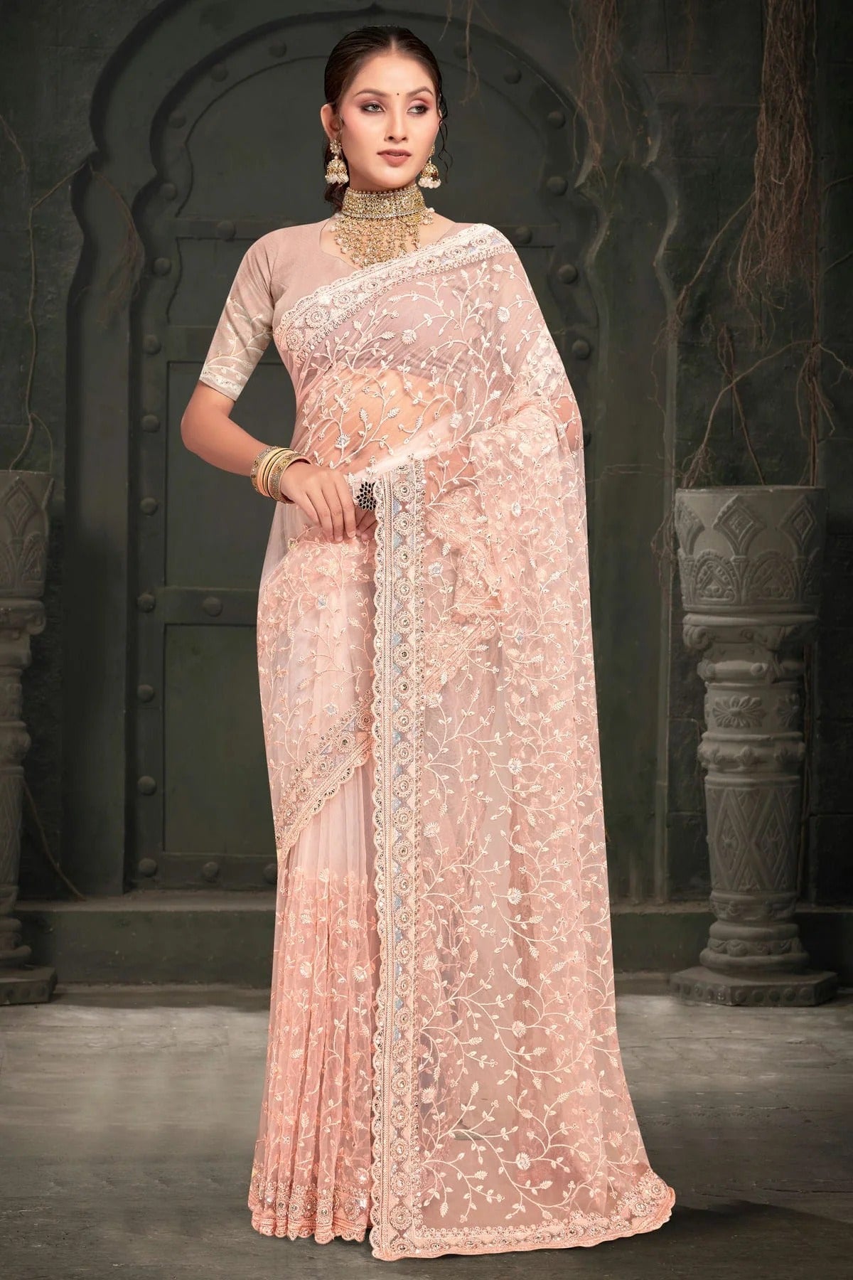Peach Net Designer Saree NCSD10910186