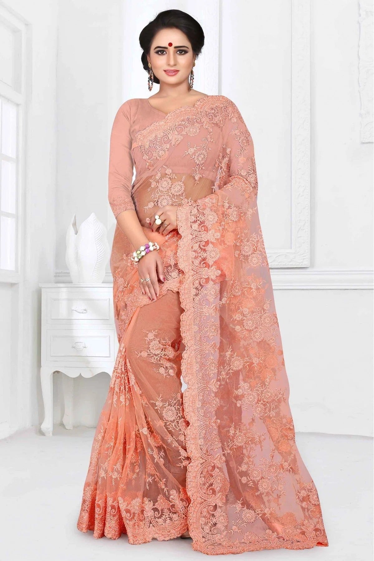 Peach Net Designer Saree NCSD10910484