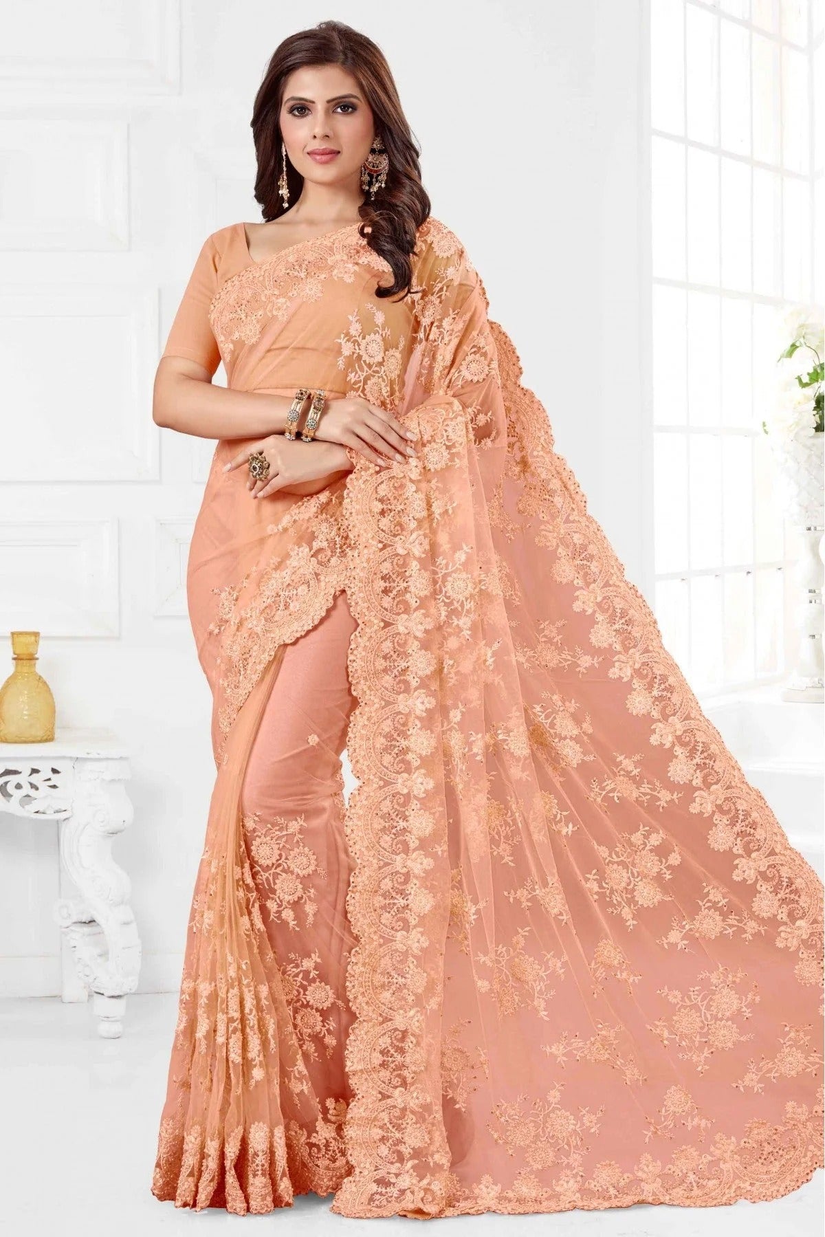 Peach Net Designer Saree NCSD10910500